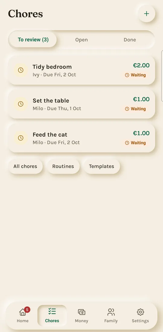 The PennyCrew chores screen: a chore a kid has finished, waiting for a parent to approve or send back