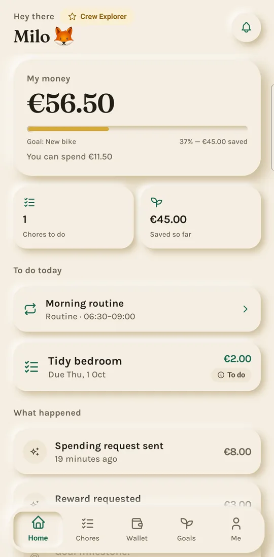 The PennyCrew kid home: the balance a kid can spend, savings goal progress and today's chores